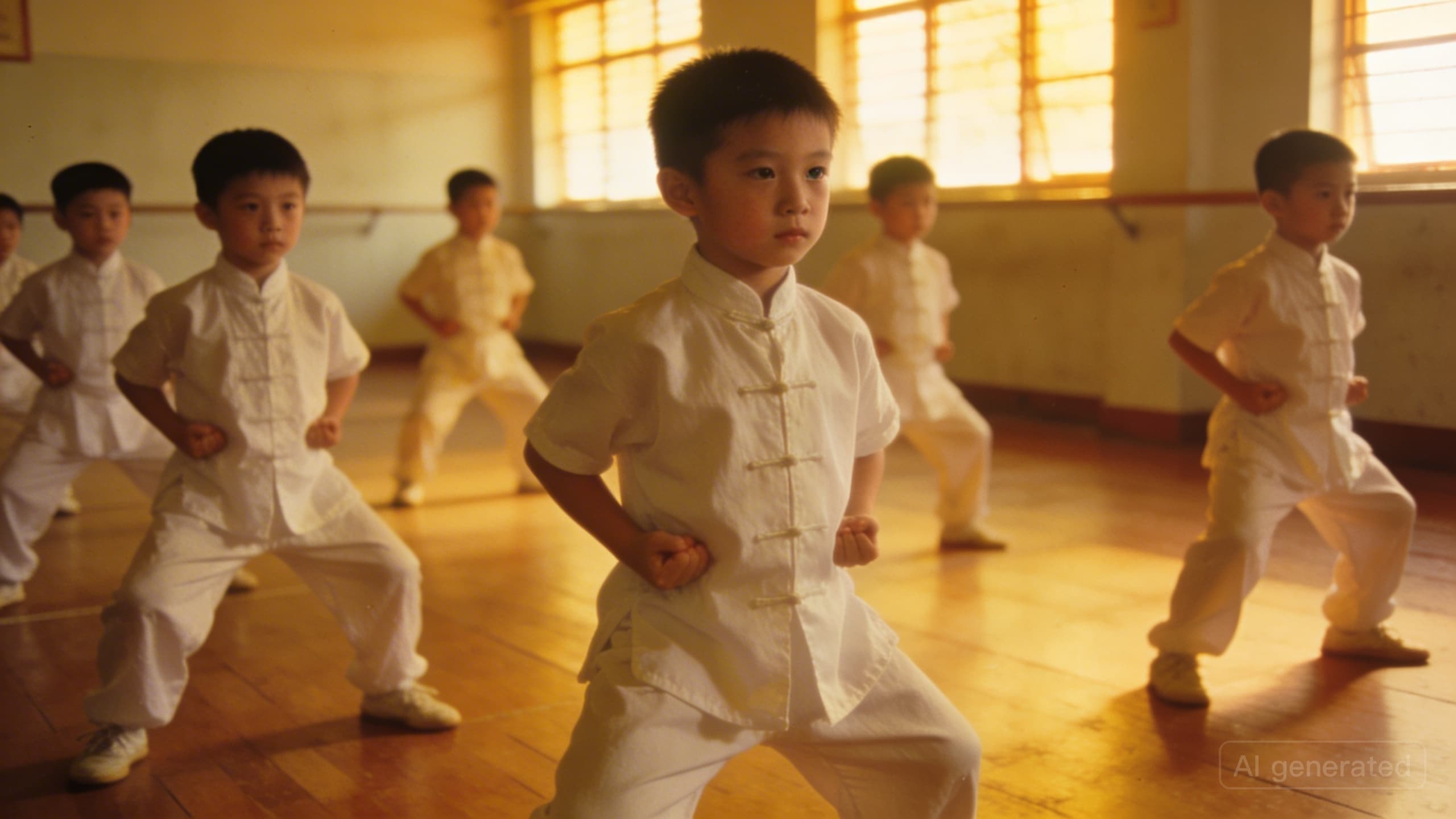 Young students in white wushu uniforms practicing basic stances at the founding of Sino Wushu in 1998